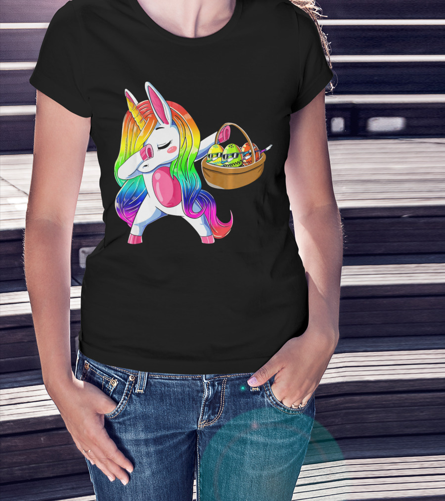 Girls Easter Unicorn Dabbing With Bunny Ear And Colorful Egg Basket T-Shirt