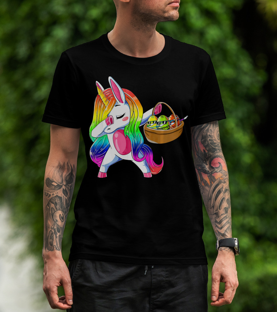 Girls Easter Unicorn Dabbing With Bunny Ear And Colorful Egg Basket T-Shirt