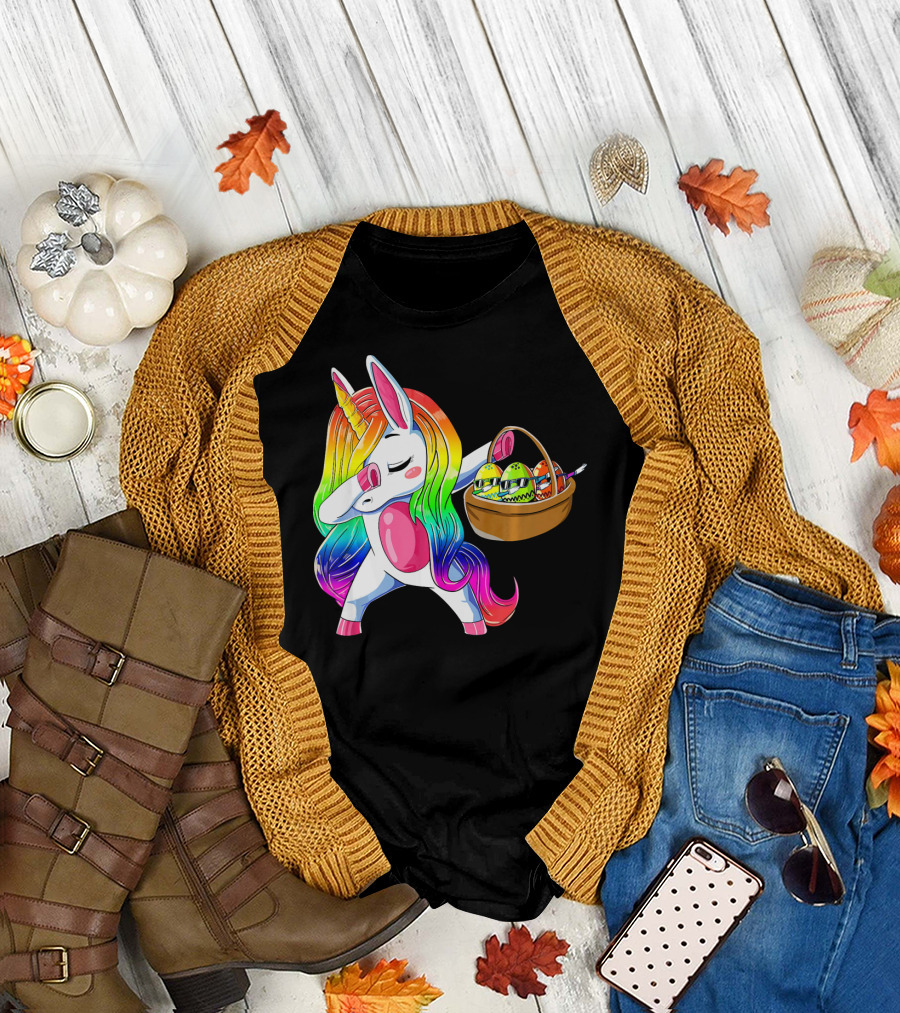 Girls Easter Unicorn Dabbing with Bunny Ear and Colorful Egg Basket T-Shirt
