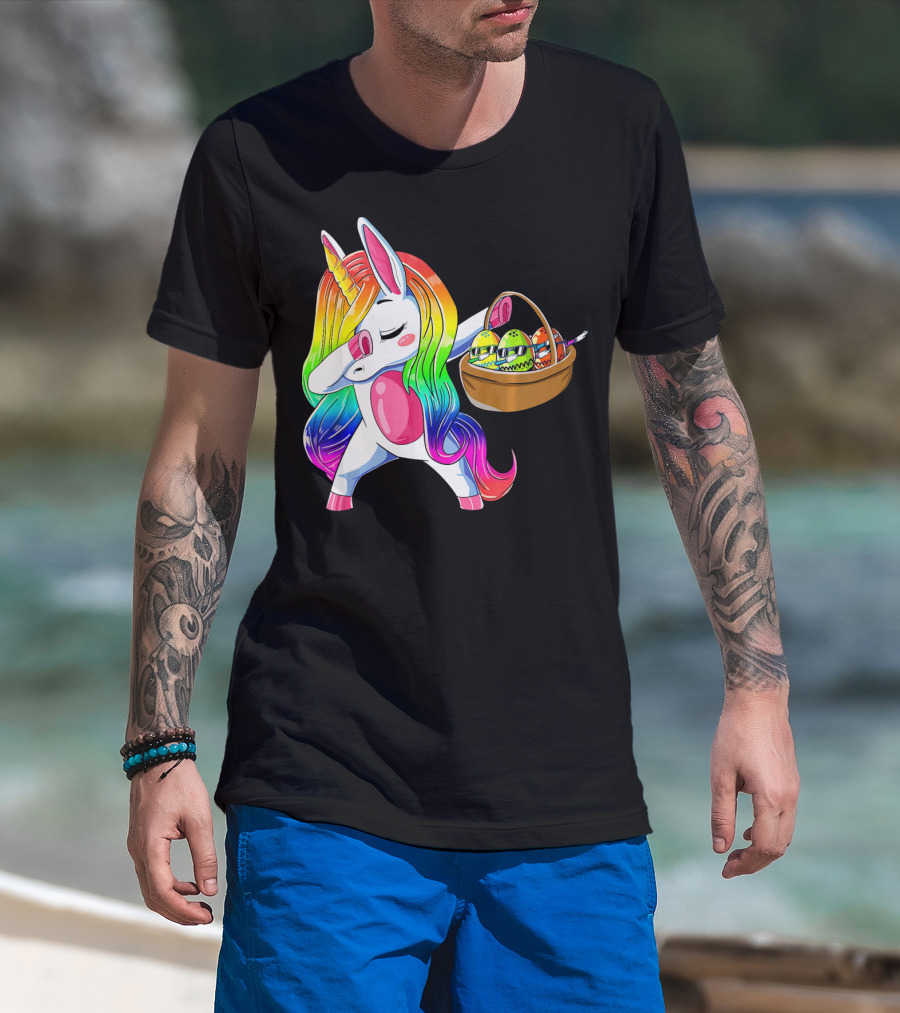 Girls Easter Unicorn Dabbing With Bunny Ear And Colorful Egg Basket T-Shirt