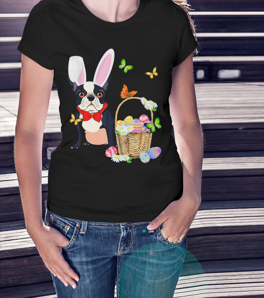 French Bulldog Bunny Hat Rabbit Easter Basket Eggs Butterflies T-Shirt