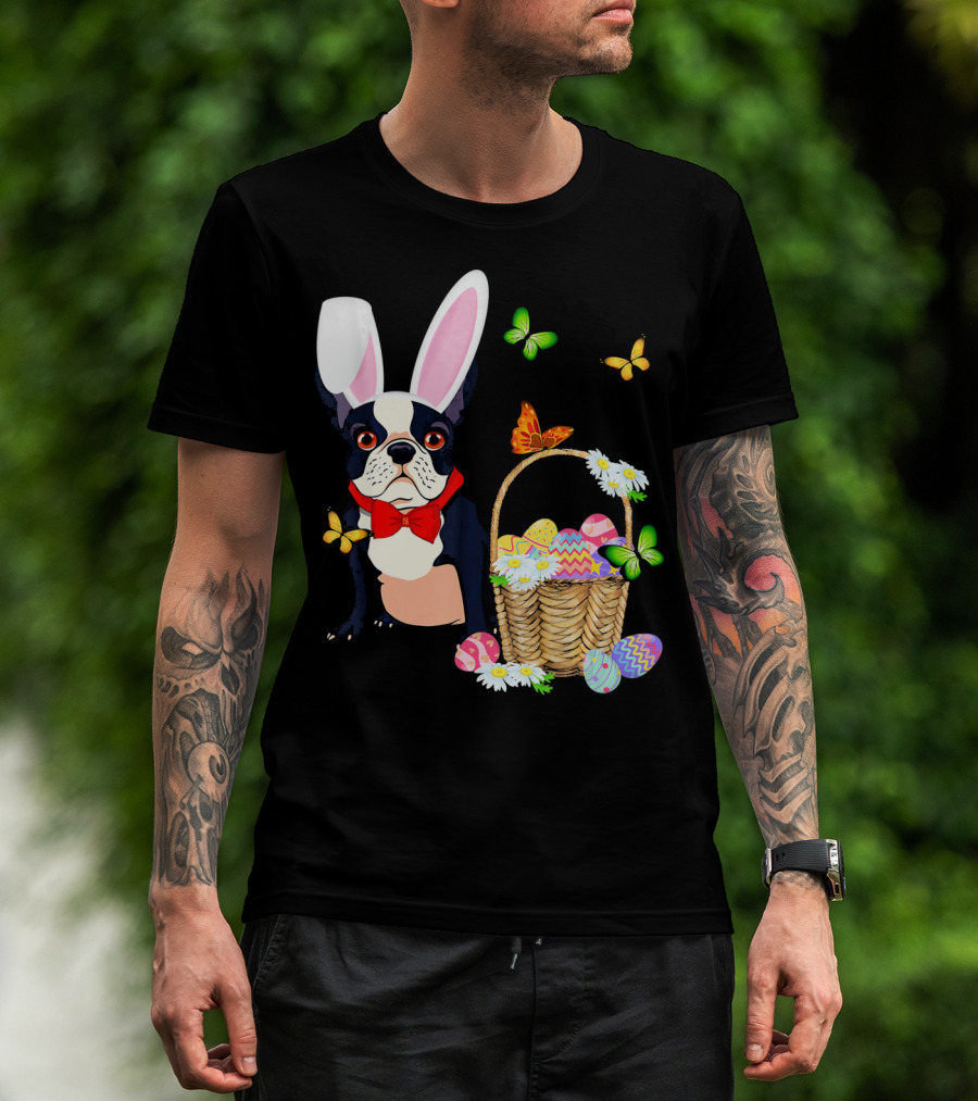 French Bulldog Bunny Hat Rabbit Easter Basket Eggs Butterflies T-Shirt