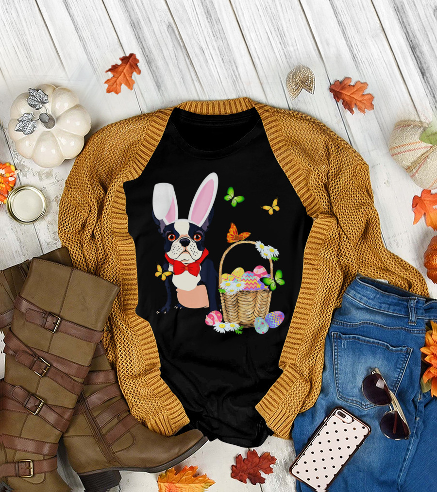 French Bulldog Bunny Hat Rabbit Easter Basket Eggs Butterflies T-Shirt