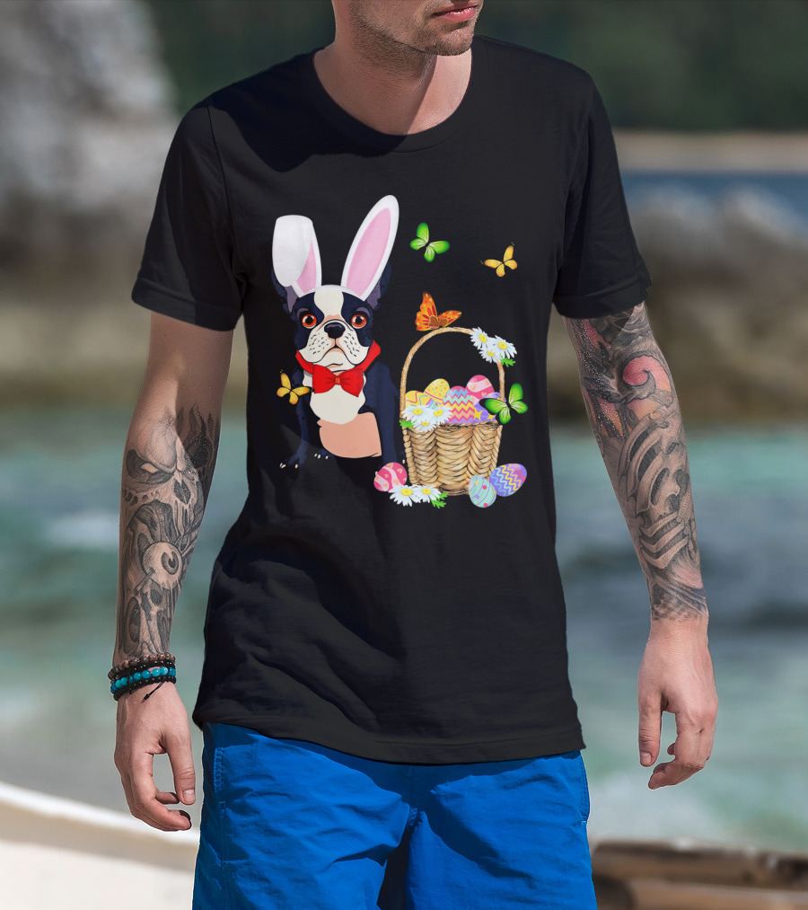 French Bulldog Bunny Hat Rabbit Easter Basket Eggs Butterflies T-Shirt