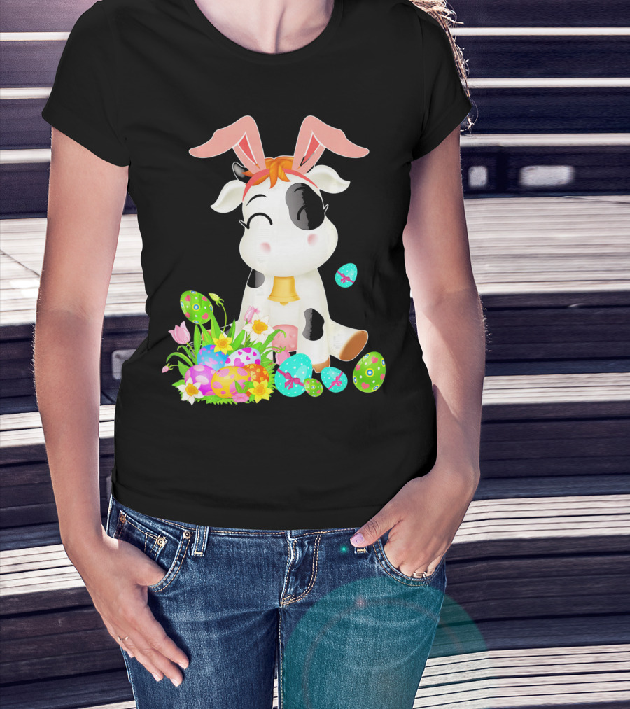 Happy Cow Easter Bunny With Colorful Eggs And Flowers T-Shirt