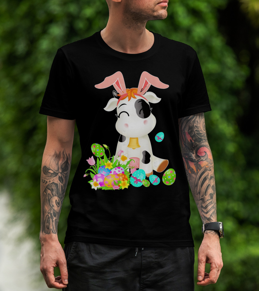 Happy Cow Easter Bunny With Colorful Eggs And Flowers T-Shirt