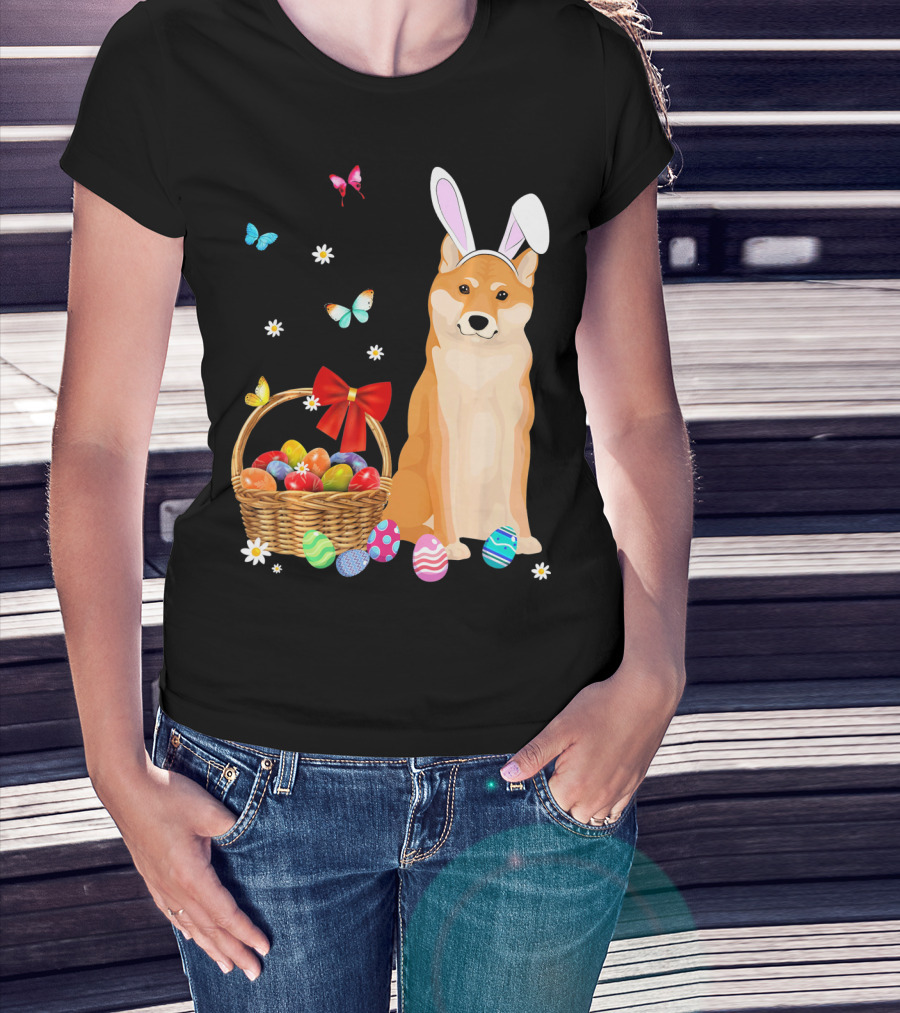 Shiba Inu Bunny Ear Rabbit Easter Eggs Basket Butterflies Flowers T-Shirt