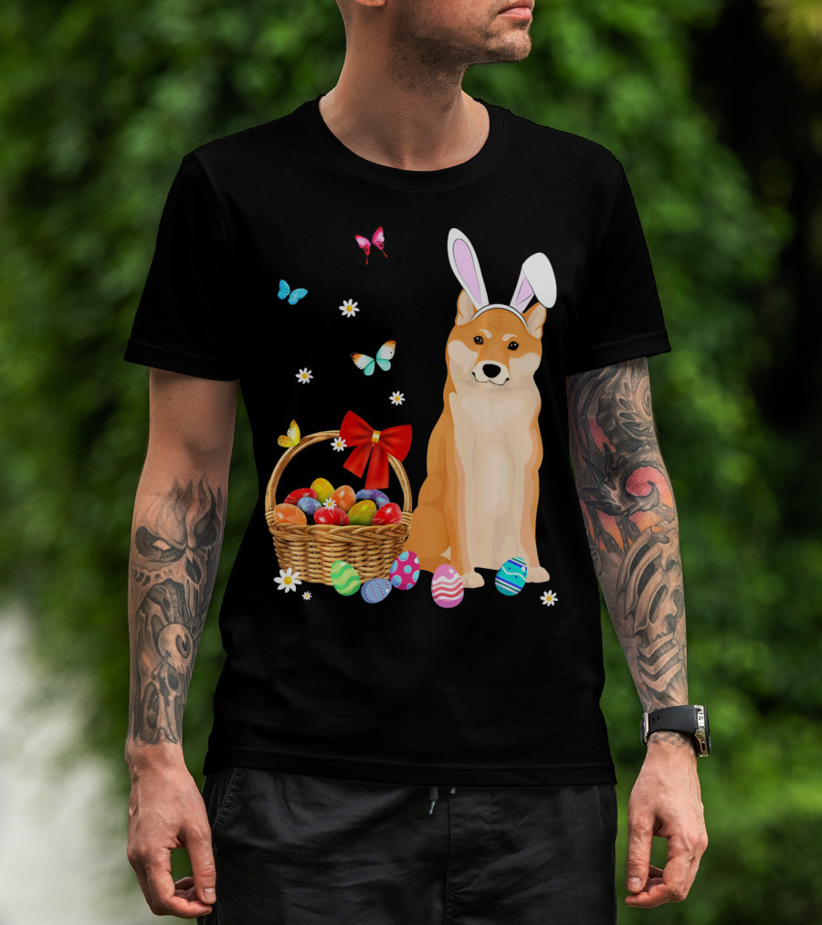 Shiba Inu Bunny Ear Rabbit Easter Eggs Basket Butterflies Flowers T-Shirt
