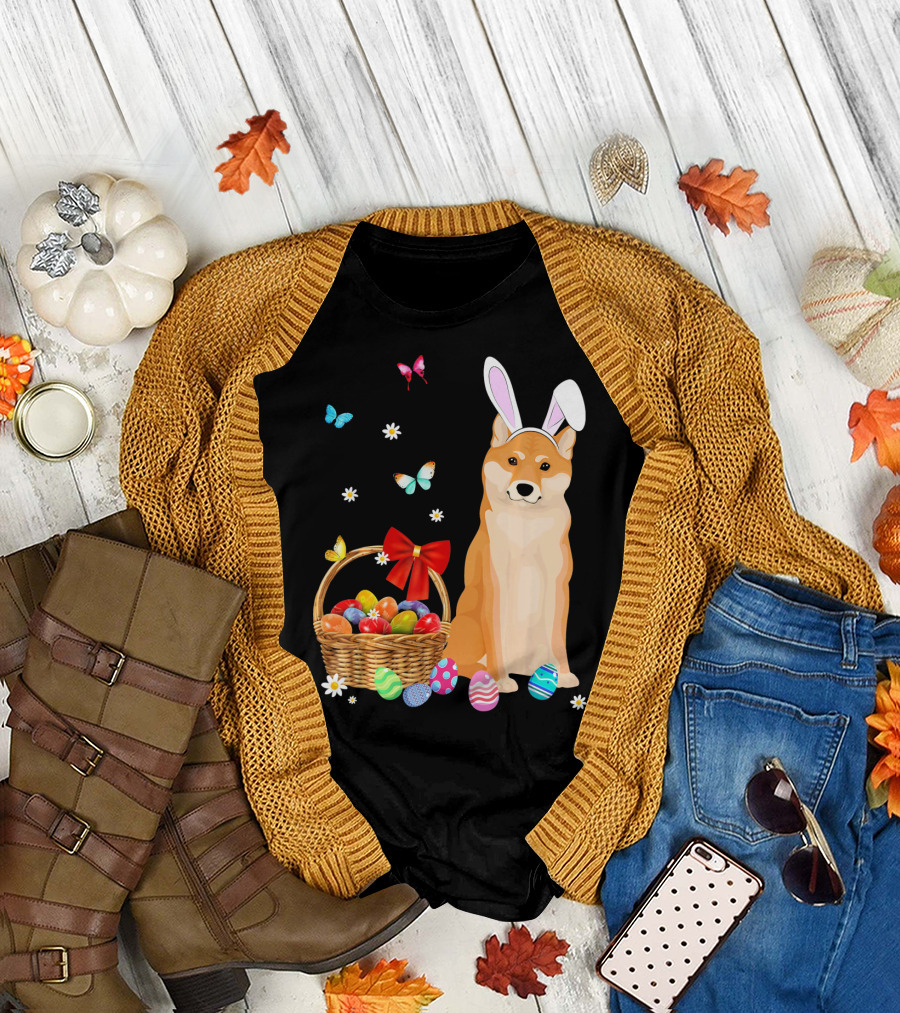 Shiba Inu Bunny Ear Rabbit Easter Eggs Basket Butterflies Flowers T-Shirt