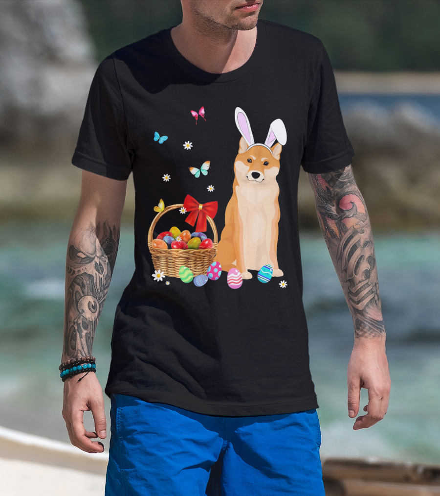 Shiba Inu Bunny Ear Rabbit Easter Eggs Basket Butterflies Flowers T-Shirt