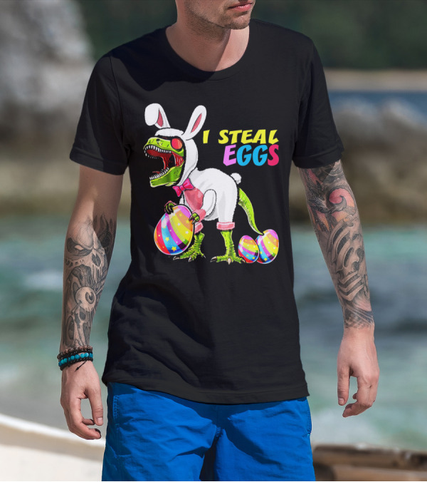 I Steal Easter Eggs Dinosaur Rex Bunny In Costume Holding Colorful Striped Eggs T-Shirt
