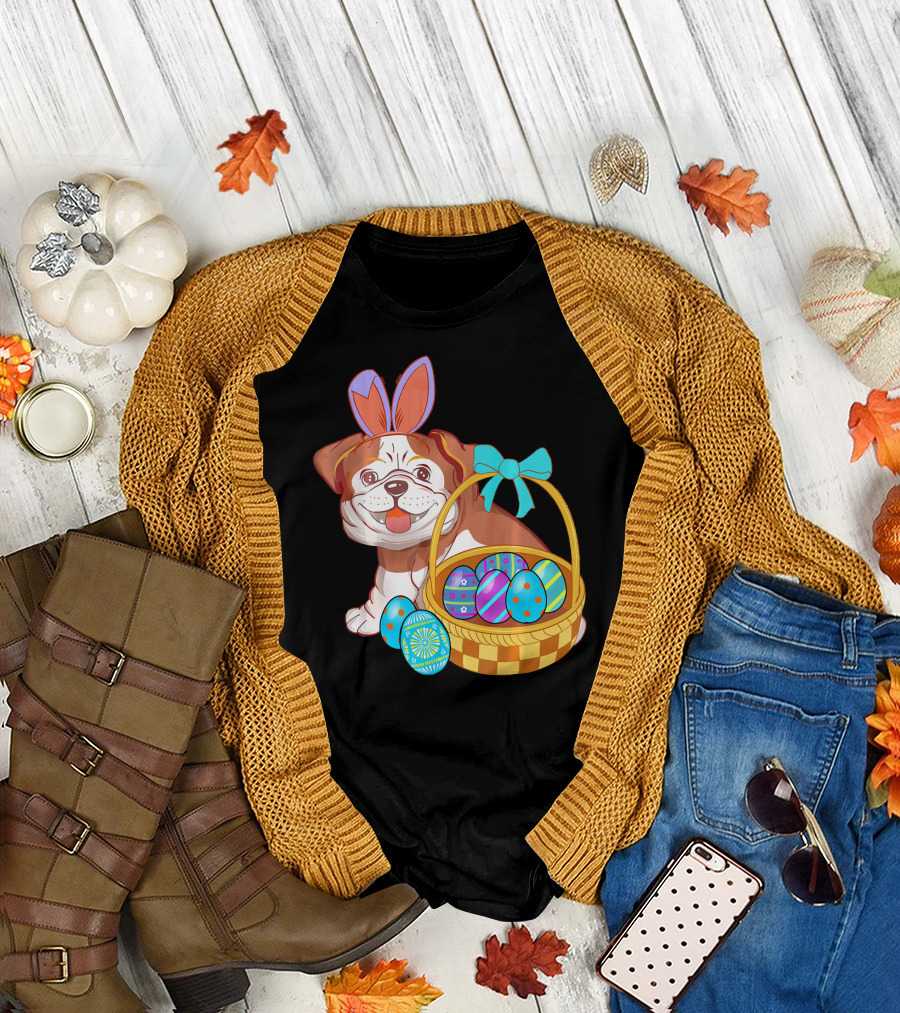 Easter Bulldog Holiday Bunny Ears with Easter Egg Basket T-Shirt