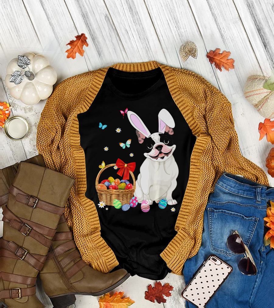 French Bulldog with Bunny Ears and Easter Egg Basket with Butterflies and Flowers T-Shirt
