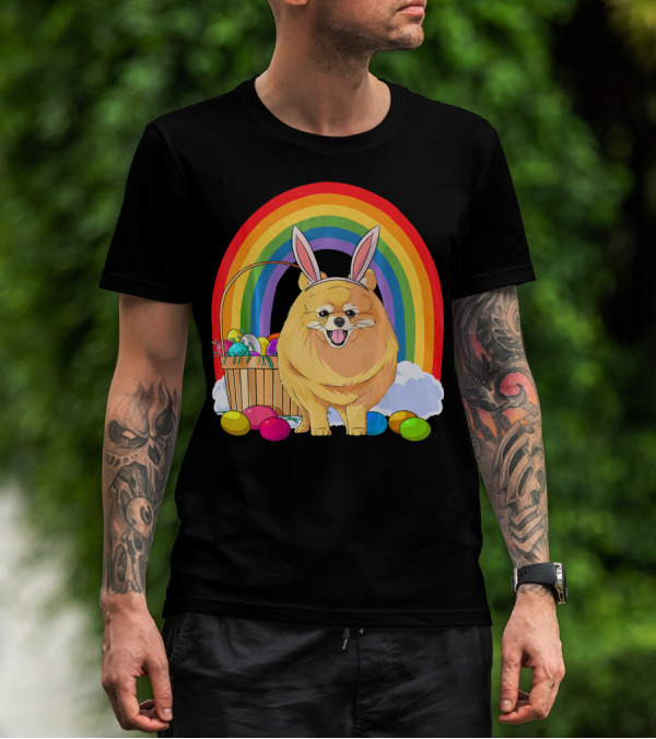 Easter Eggs Pomeranian Bunny Dog Rainbow Basket T-Shirt