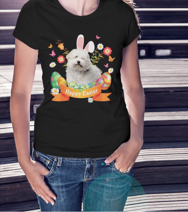 Happy Easter Bunny Coton De Tulear Dog With Eggs And Flowers T-Shirt