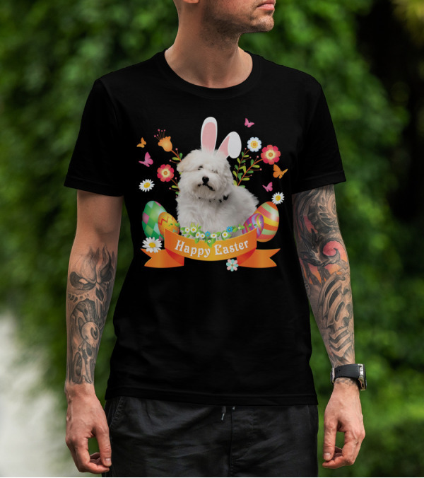 Happy Easter Bunny Coton De Tulear Dog With Eggs And Flowers T-Shirt