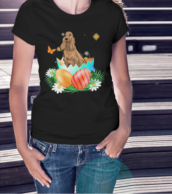 Easter Day Cocker Spaniel In Egg With Butterflies And Daisies T-Shirt