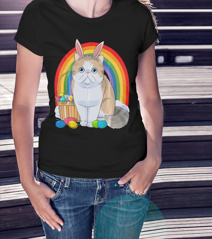 Exotic Shorthair Cat Bunny With Easter Eggs In Front Of Rainbow T-Shirt