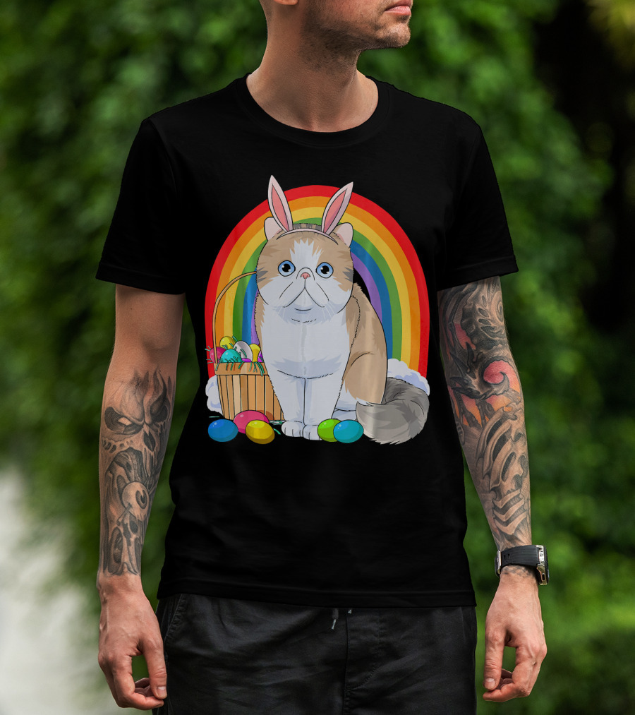 Exotic Shorthair Cat Bunny With Easter Eggs In Front Of Rainbow T-Shirt
