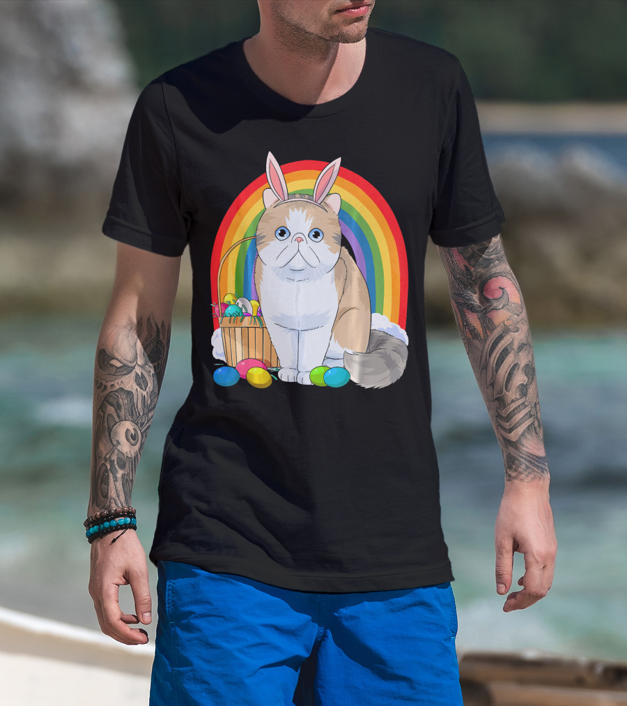 Exotic Shorthair Cat Bunny With Easter Eggs In Front Of Rainbow T-Shirt