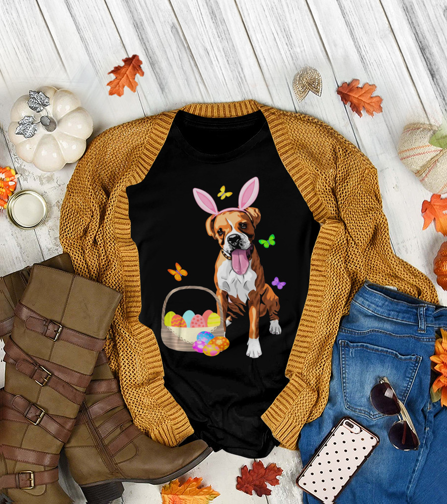 Girls Happy Easter Bunny Boxer Dog with Easter Eggs and Butterflies T-Shirt