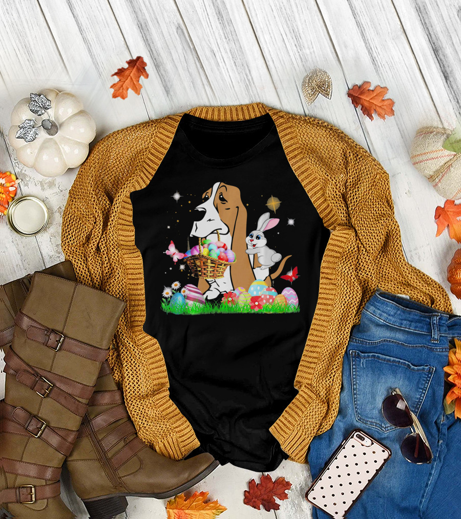 Basset Hound with Easter Eggs Basket and Bunny Surrounded by Colorful Eggs and Flowers T-Shirt