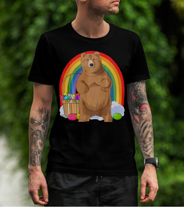 Bear With Easter Egg Basket And Rainbow Background T-Shirt