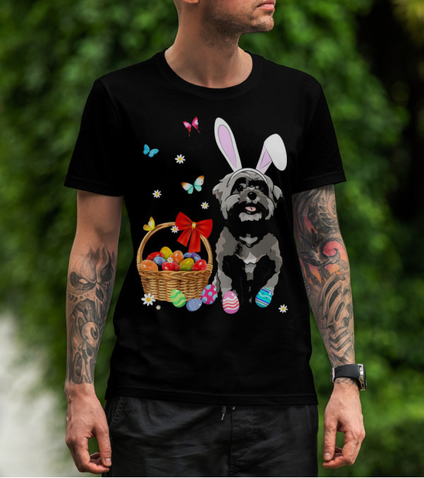 Shih Tzu With Bunny Ears And Easter Egg Basket With Butterflies And Flowers T-Shirt