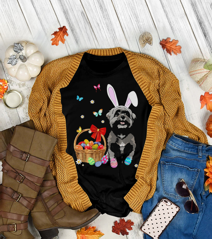 Shih Tzu with Bunny Ears and Easter Egg Basket with Butterflies and Flowers T-Shirt