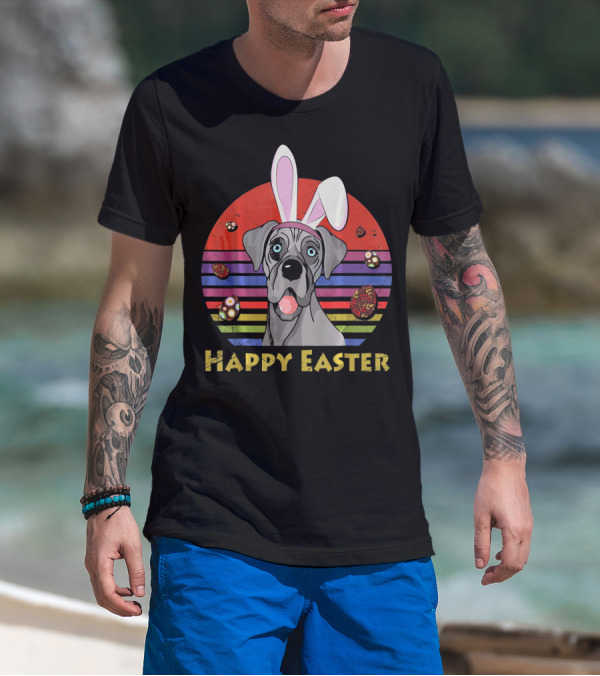Great Dane With Bunny Headband Happy Easter Stripes And Eggs T-Shirt