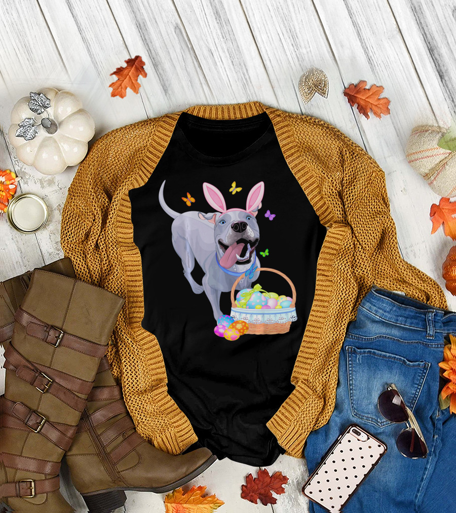 Gray Pit Bull Puppy with Bunny Ears and Easter Basket T-Shirt