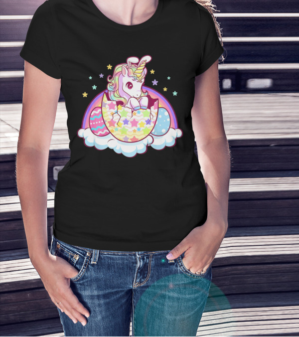 Easter Unicorn Hatching From Egg With Rainbow And Stars T-Shirt