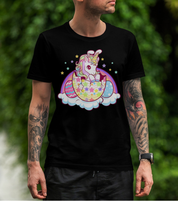 Easter Unicorn Hatching From Egg With Rainbow And Stars T-Shirt