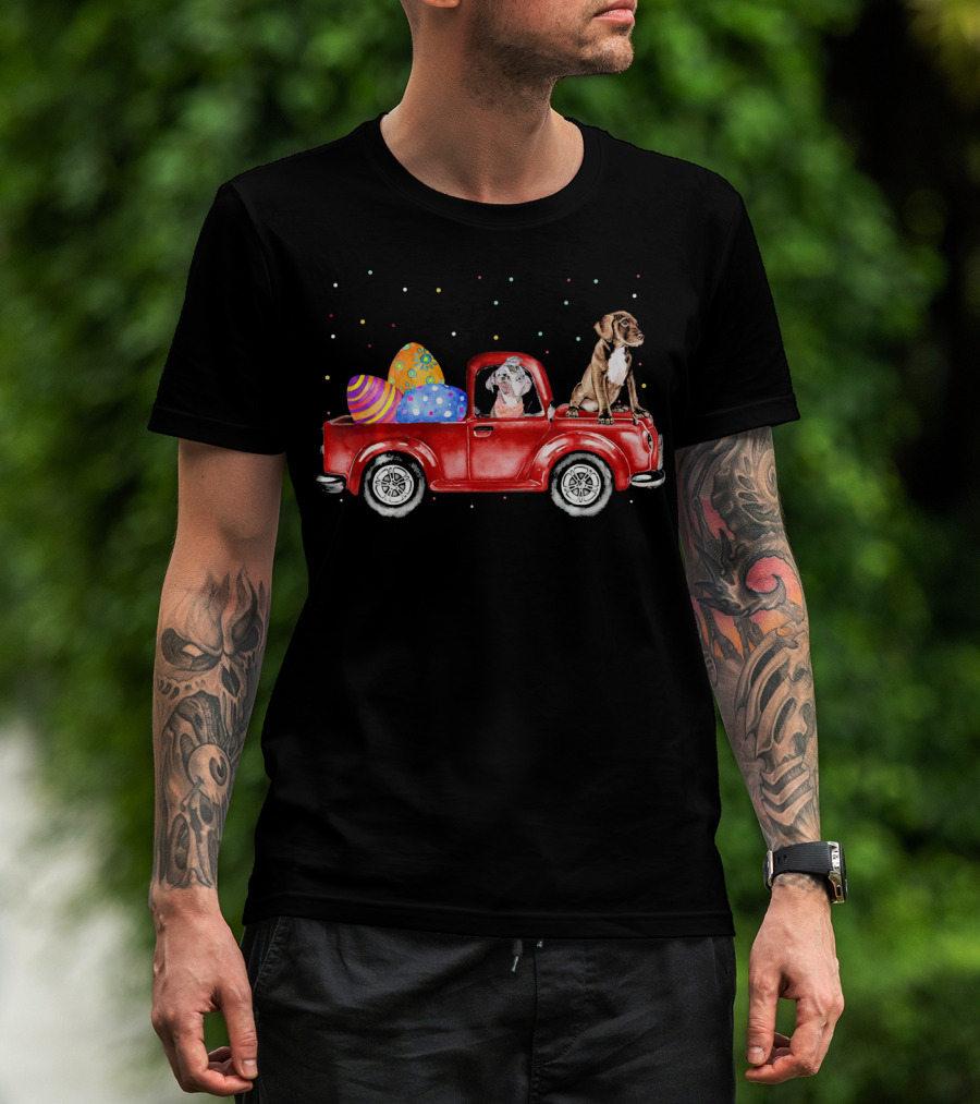 Pitbulls On Easter Egg Truck With Colorful Dots T-Shirt