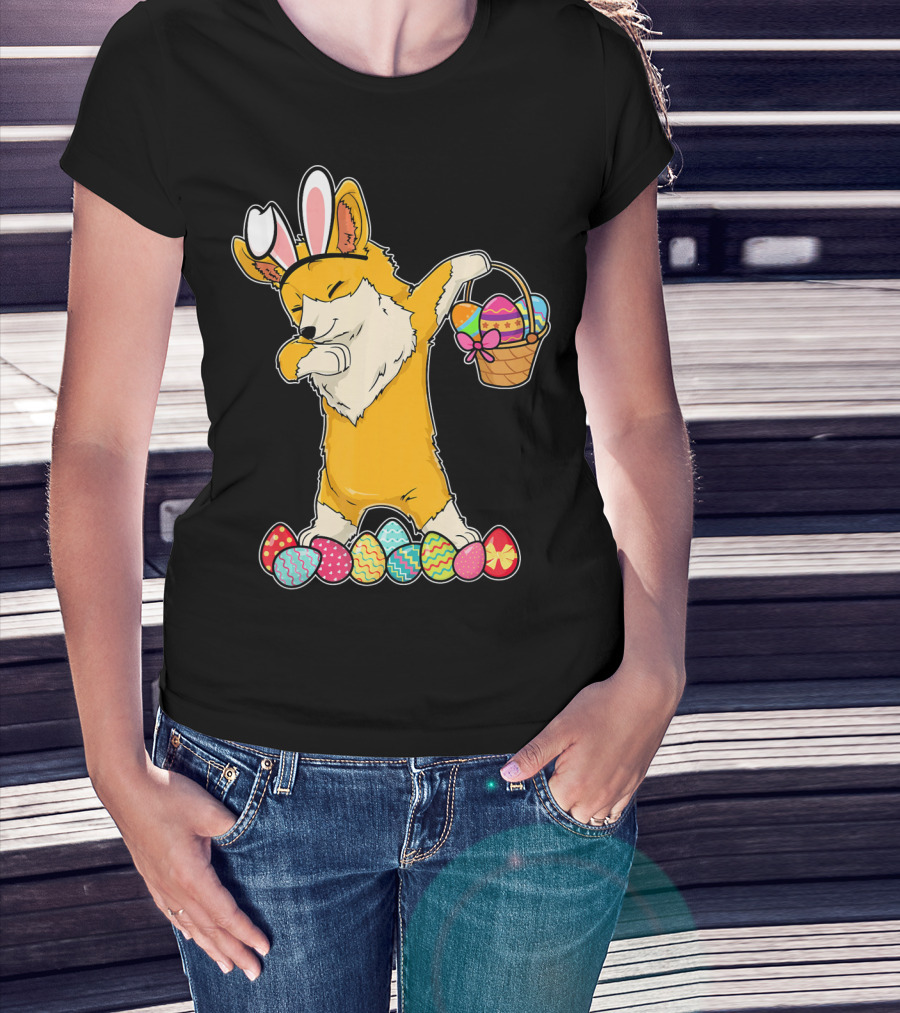 Corgi Dabbing Easter Basket Bunny Ears Eggs T-Shirt