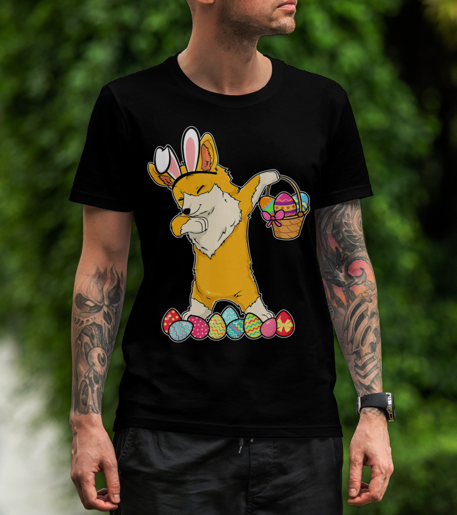 Corgi Dabbing Easter Basket Bunny Ears Eggs T-Shirt