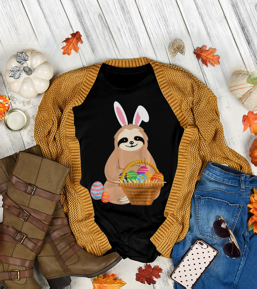 Easter Sloth Bunny with Colorful Eggs Basket T-Shirt