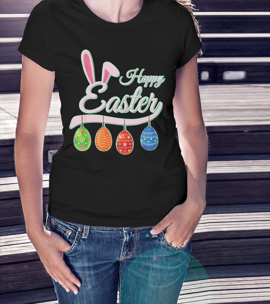 Happy Easter Bunny Ears Hanging Colorful Eggs T-Shirt