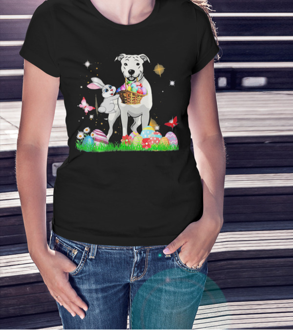 Easter Day Dogo Argentino With Bunny Basket Of Eggs And Butterflies T-Shirt