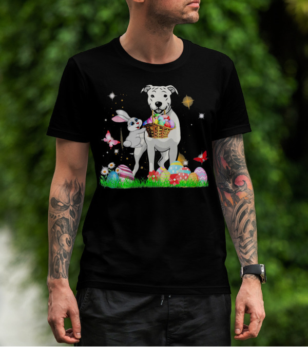 Easter Day Dogo Argentino With Bunny Basket Of Eggs And Butterflies T-Shirt