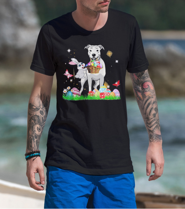 Easter Day Dogo Argentino With Bunny Basket Of Eggs And Butterflies T-Shirt
