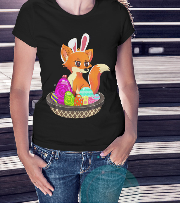 Easter Foxy Fox With Bunny Ears In Basket Of Colorful Eggs T-Shirt
