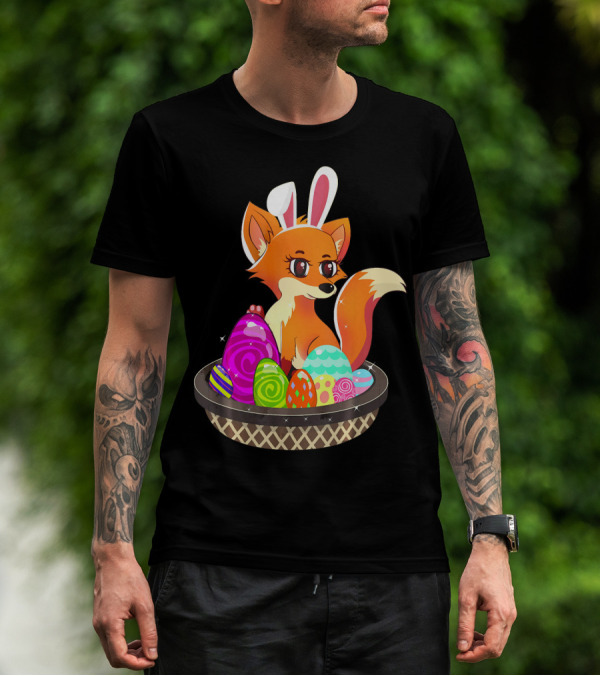 Easter Foxy Fox With Bunny Ears In Basket Of Colorful Eggs T-Shirt