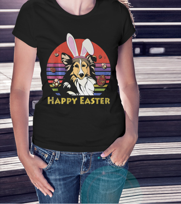 Happy Easter Shetland Sheepdog With Bunny Headband And Colorful Eggs T-Shirt