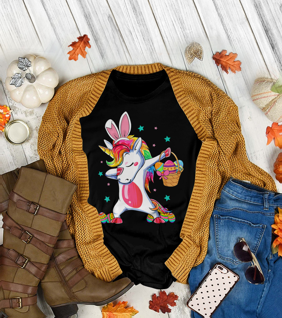 Dabbing Bunny Unicorn with Easter Basket and Eggs Funny Easter Day T-Shirt
