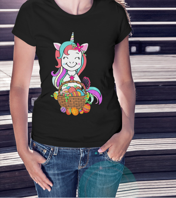 Unicorn Easter Basket With Colorful Eggs And Butterfly T-Shirt