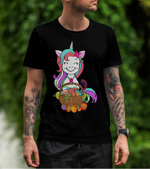Unicorn Easter Basket With Colorful Eggs And Butterfly T-Shirt
