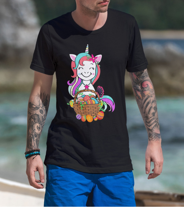 Unicorn Easter Basket With Colorful Eggs And Butterfly T-Shirt