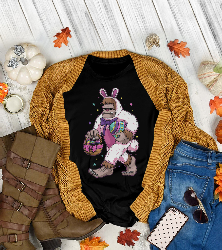 Kids Easter Bunny Bigfoot Sasquatch Basket Eggs Stars T-Shirt