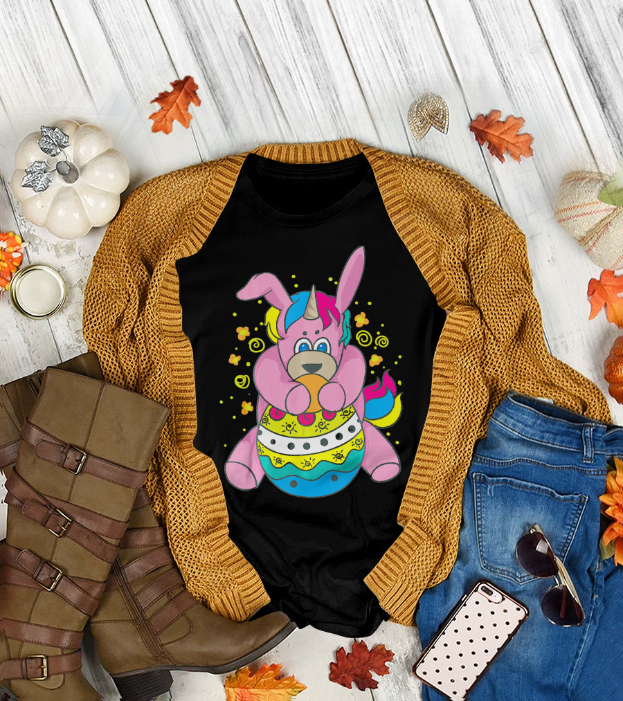 Bunny Unicorn Holding Easter Egg Surrounded by Flowers and Swirls T-Shirt